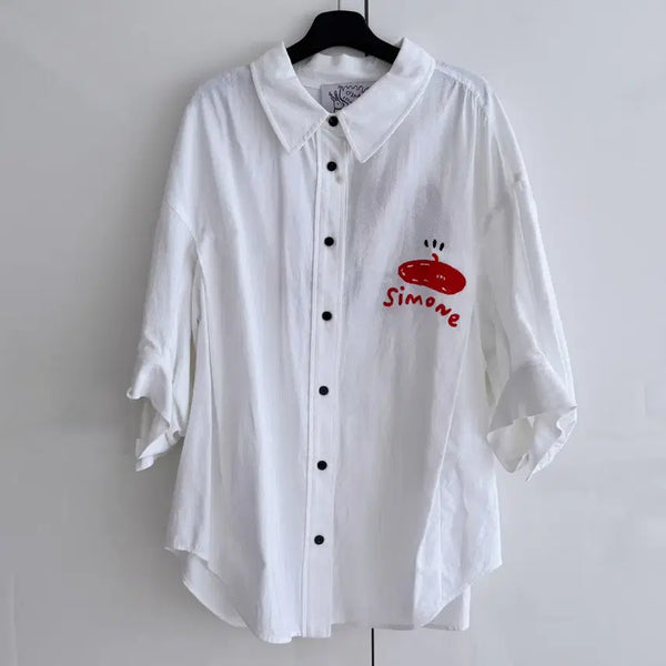 [BUNJANG] O'2nd Embroidered Cotton Shirt (White) Oversized Fit / O'2nd 자수 코튼 셔츠 (화이트) 오버핏