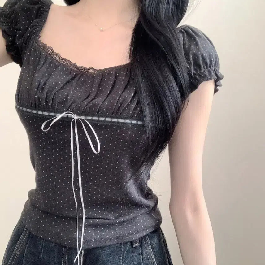 [BUNJANG] Dot Ribbon Puff Short Sleeve T-Shirt Set with Lace Tie Choker / 도트 리본 퍼프 반팔 티셔츠 차콜 레이스 타이 초커 세트 시즈니룩 공겜