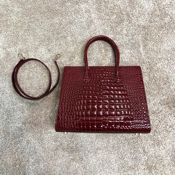[BUNJANG] TbyH Dark Burgundy Genuine Leather Crocodile Pattern 2-Way Shoulder Tote Bag / TbyH 다크 버건디 소가죽 에나멜 악어패턴 2way 숄더백 토트백 일본