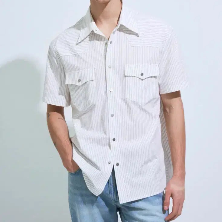 [BUNJANG] PEHCH Western Stripe Short Sleeve Shirt White M / 페크 웨스턴 스트라이프 반팔 셔츠 화이트 M 판매 합니다.