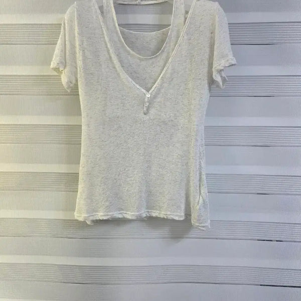 [BUNJANG] Layered V-Neck Button Detail Short Sleeve T-Shirt Oatmeal / 오트밀 레이어드 홀터넥 V넥 버튼디테일 반팔 티셔츠 FREE