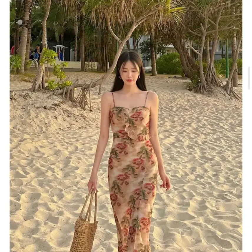 [BUNJANG] Awesome Nana Florence Frill Flower Slim Fit Long Dress / 어썸나나 플로렌스 프릴 플라워 슬림핏 롱원피스 휴양지 M(새상품)