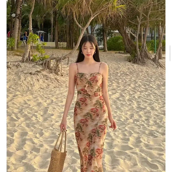[BUNJANG] Awesome Nana Florence Frill Flower Slim Fit Long Dress / 어썸나나 플로렌스 프릴 플라워 슬림핏 롱원피스 휴양지 M(새상품)