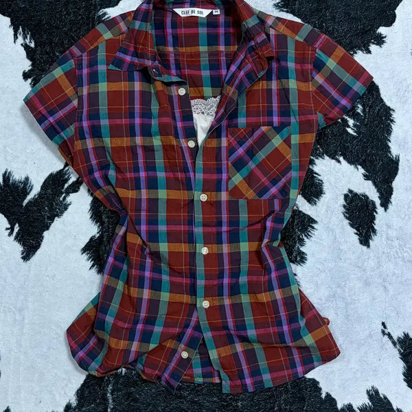 [BUNJANG] Slim Fit Vintage Check Shirt & Lace Cami Set / 슬림핏 빈티지 체크 셔츠 레이스 나시 세트 (단품 구매 가능)