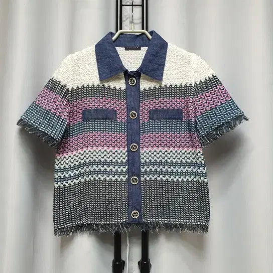 [BUNJANG] Sisley Colorblock Tweed Knit Collar Cardigan Summer Jacket / 시슬리 반팔 배색 트위드 니트 카라 가디건 썸머 여름 자켓
