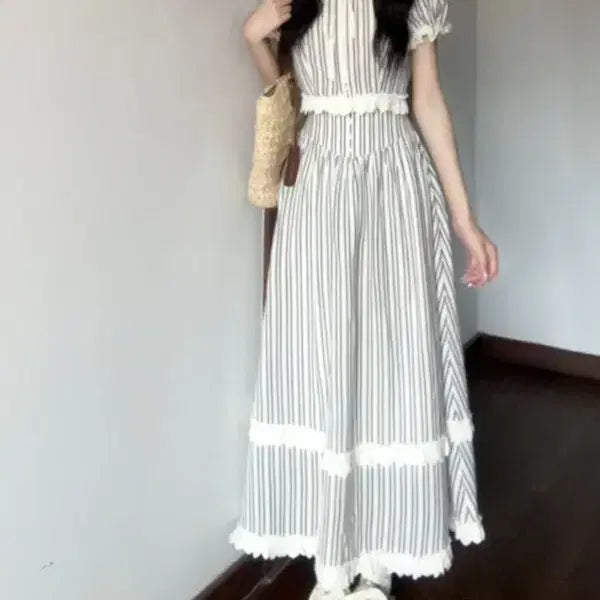 [BUNJANG] Striped Linen Half-Sleeve Two-Piece Set / (택채새상품) 스트라이프 반팔 린넨 투피스 바캉스 여행룩
