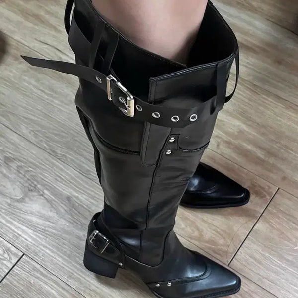 [BUNJANG] Black Leather Stiletto Wide Long Boots / 블랙 레더 스틸레토 벨트 와이드 롱부츠 구두 240