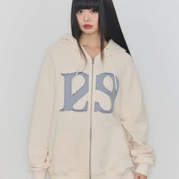 [BUNJANG] Illigo Logo Patch Hooded Zip-Up Cream S / 일리고 로고 패치 후드 집업 크림 S