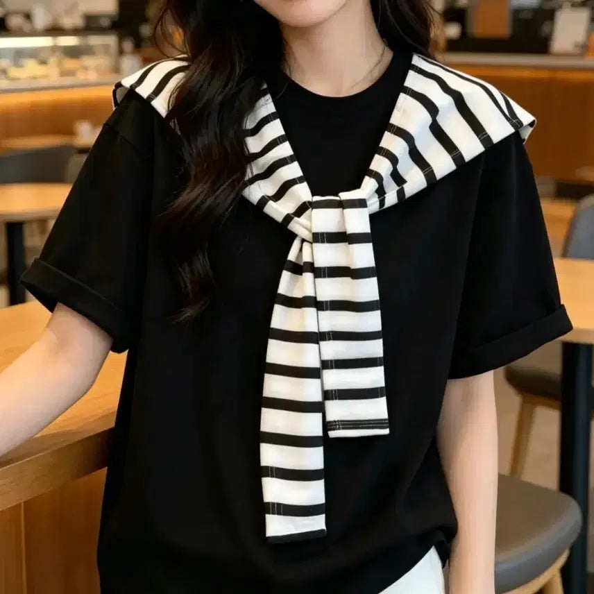 [BUNJANG] Striped Sailor Collar Shawl T-Shirt / 새상품 단가라 세일러카라숄