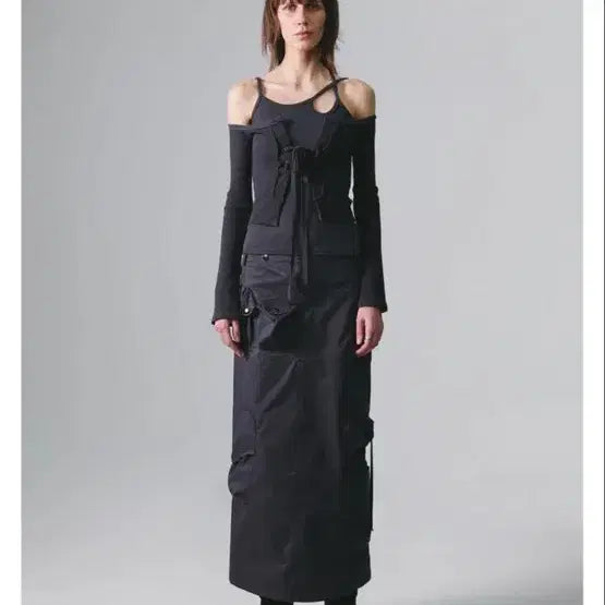 [BUNJANG] Nache Strap Cargo Maxi Skirt Charcoal / 나체 스트랩 카고 맥시 스커트 챠콜