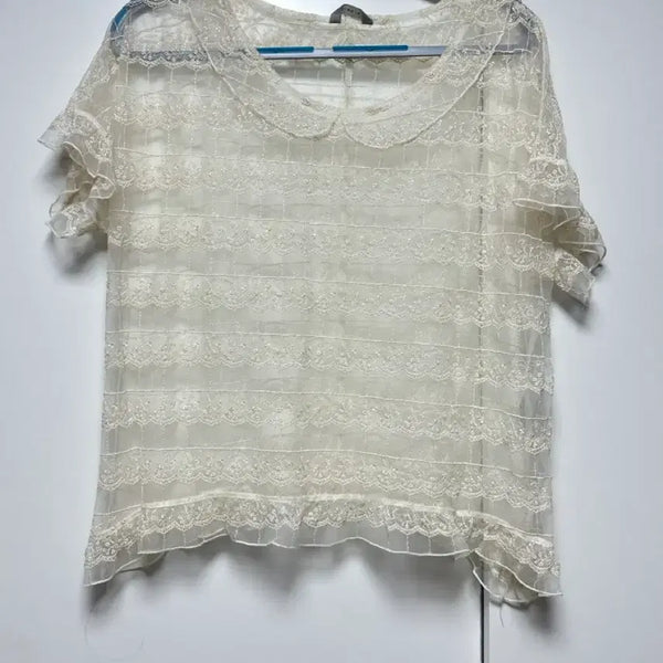 [BUNJANG] Mori Lace Short Sleeve See-Through Collar Blouse / 모리 레이스 반팔 시스루 카라 블라우스