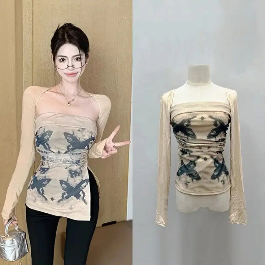[BUNJANG] Butterfly Pattern Top and Cardigan Set / 새상품)나비 패턴 탑+가디건 세트 투피스