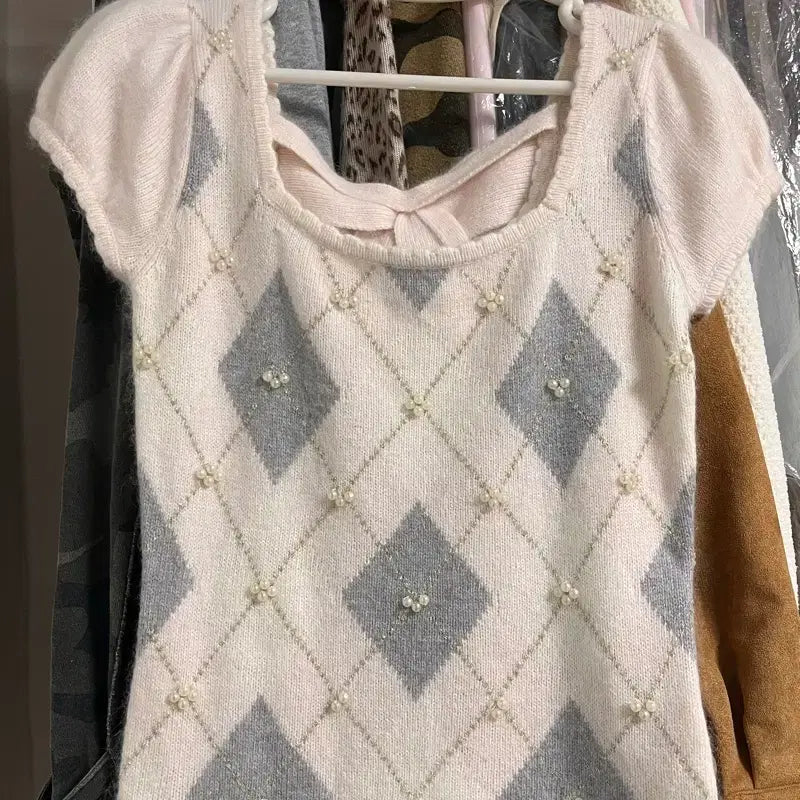 [BUNJANG] RF RoGal Strawberry Milk Argyle Top with White Ribbon / RF 로걀 회핑 딸기우유 백리본 아가일탑 세실맥비 리즈리사 트랄라라