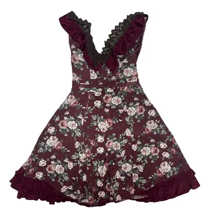 [BUNJANG] Axisfarm Burgundy Flower Dress Vintage / 엑시즈팜 버건디 플라워 원피스 일본고전빈티지