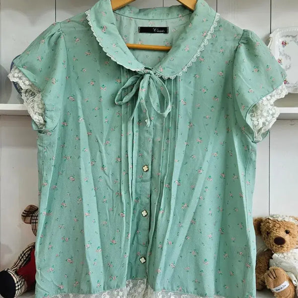 [BUNJANG] Mint Floral Lace Collar Blouse / 민트 플로럴 레이스 카라 블라우스