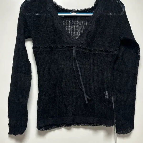 [BUNJANG] Rogard Black Net Lace V-Neck Knit / 로갸드 블랙 그물 레이스 브이넥 니트