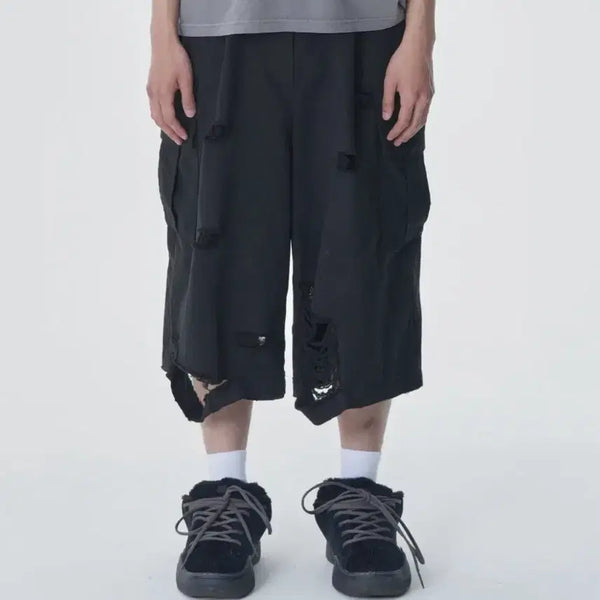 [BUNJANG] Manhattan Project Distressed Washing Bermuda Pants Black M / 맨허튼 프로젝트 디스트레스드 워싱 버뮤다 팬츠 블랙 M