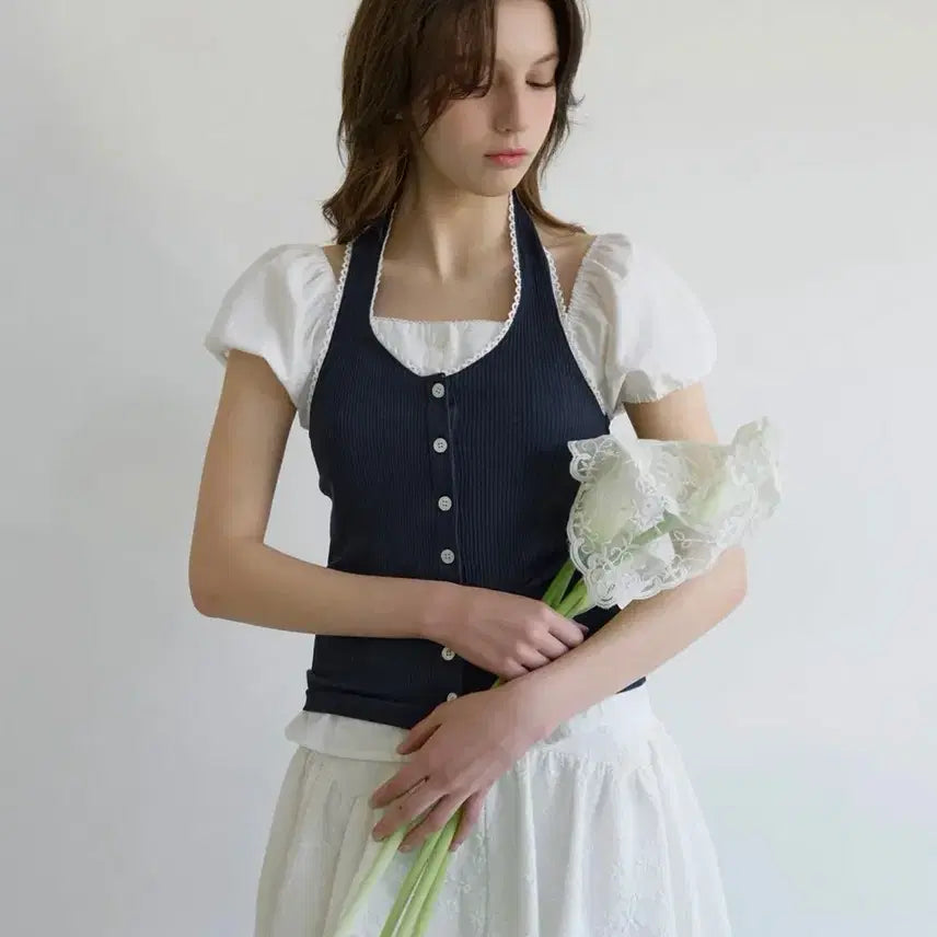 [BUNJANG] Letterfrommoon Letters Lace Button Halterneck Top Navy / 레터프롬문 레터즈 레이스 버튼 홀터넥 탑 네이비