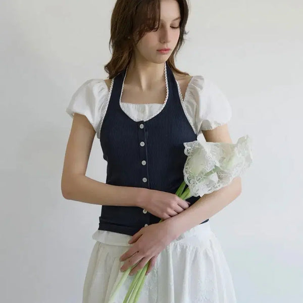 [BUNJANG] Letterfrommoon Letters Lace Button Halterneck Top Navy / 레터프롬문 레터즈 레이스 버튼 홀터넥 탑 네이비
