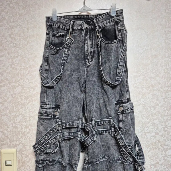 [BUNJANG] Punk Goth Buckle Denim Pants / 흑청 바지 펑크 고스 버클 팬츠 데님 청바지 서브컬쳐 레플렘
