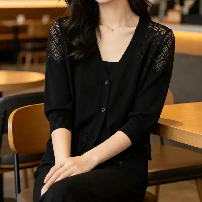 [BUNJANG] Black Lace Knit Cardigan / 새상품 블랙 니트 가디건 레이스