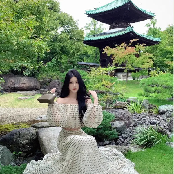 [BUNJANG] Off-Shoulder Gold Thread Chiffon Blouse and Long Skirt Set / 오프숄더 금사 쉬폰 블라우스 롱 스커트 셋업