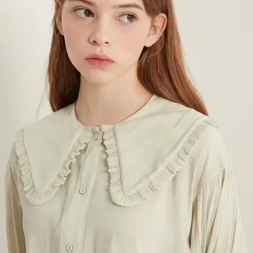 [BUNJANG] SJSJ Sailor Frill Big Collar Pleated Sleeve Chiffon Blouse Cream Beige / 21 한섬 SJSJ 세일러 프릴빅카라 플리츠소매 블라우스 쉬폰크림베이지