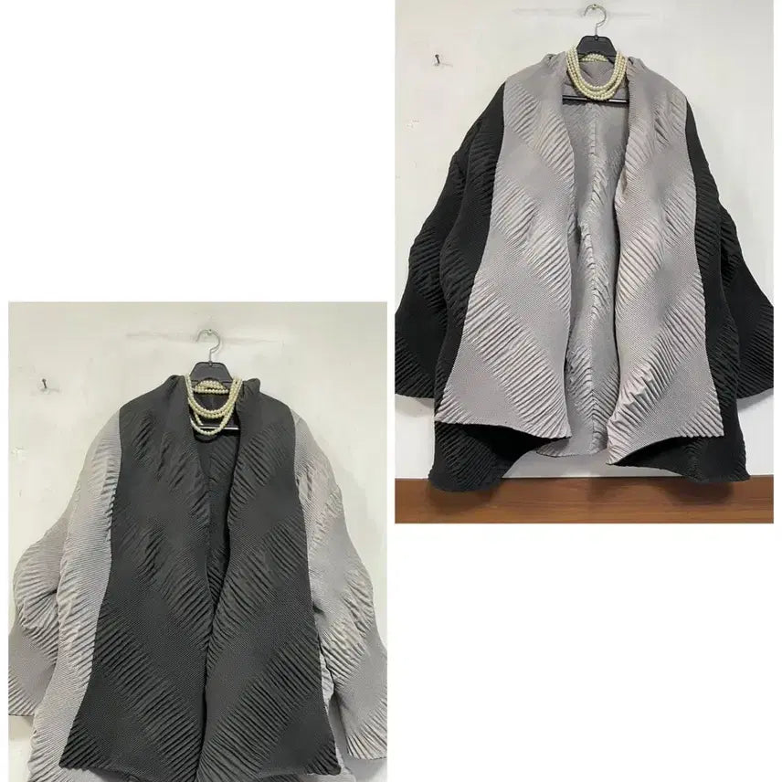 [BUNJANG] N6706 Shawl Collar Style Pleated Jacket - Black/Grey / 특가새)N6706 숄카라스타일 플리츠 자켓.양면.아방