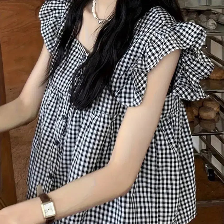 [BUNJANG] Shein Check Blouse Shirt / 쉬인 체크 블라우스 셔츠 나시