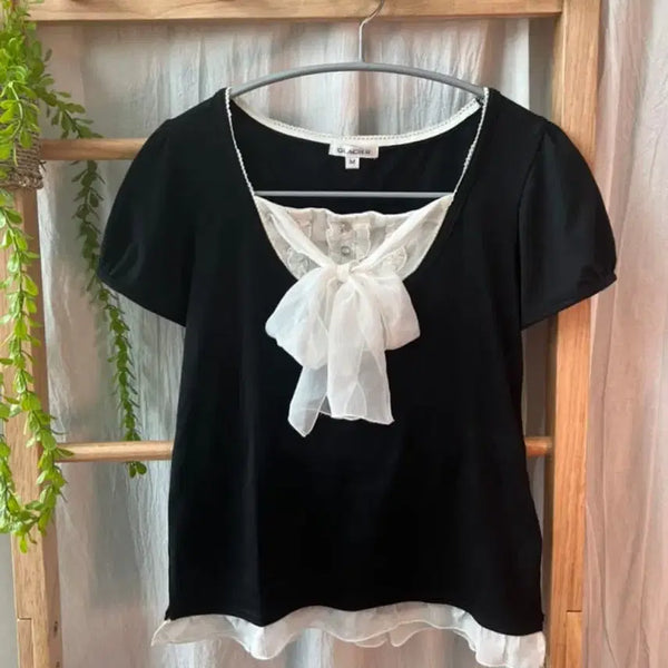 [BUNJANG] Gal Vintage Ribbon Black Blouse / (구함) 공겜 갸루 빈티지 리본 블랙 블라우스