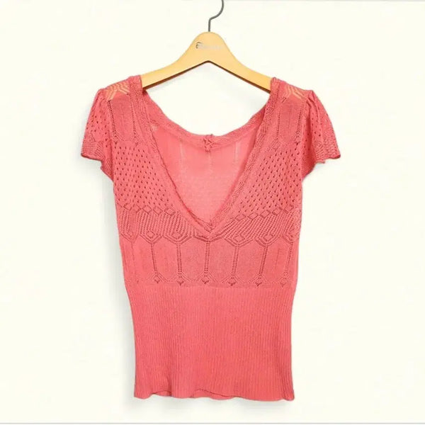 [BUNJANG] Women's V-Neck Short Sleeve Knit Top - Pink / 66 여성 반팔 니트 여름 니트 여자 브이넥 니트 95 핑크  55~66