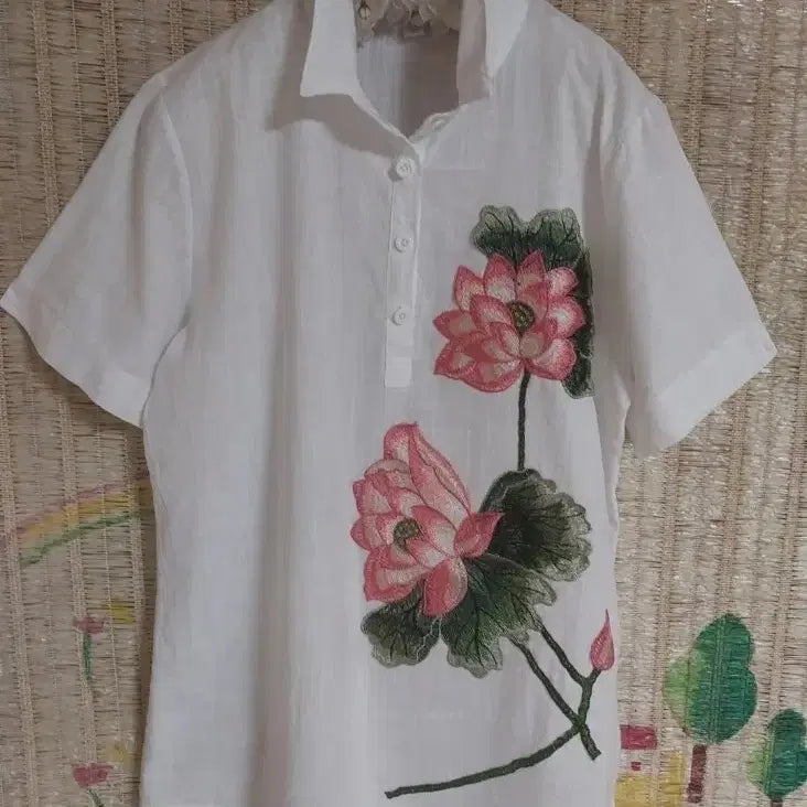 [BUNJANG] Linen Short-Sleeve Shirt with Lotus Embroidery - White / 린넨 반팔 셔츠 연꽃 자수 화이트