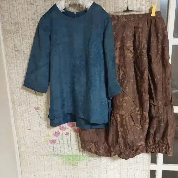 [BUNJANG] Rayon Set - Teal Top & Natural Dyed Brown Pattern Pants / 미사용 인견 청록색/천연염색 브라운 패턴 세트