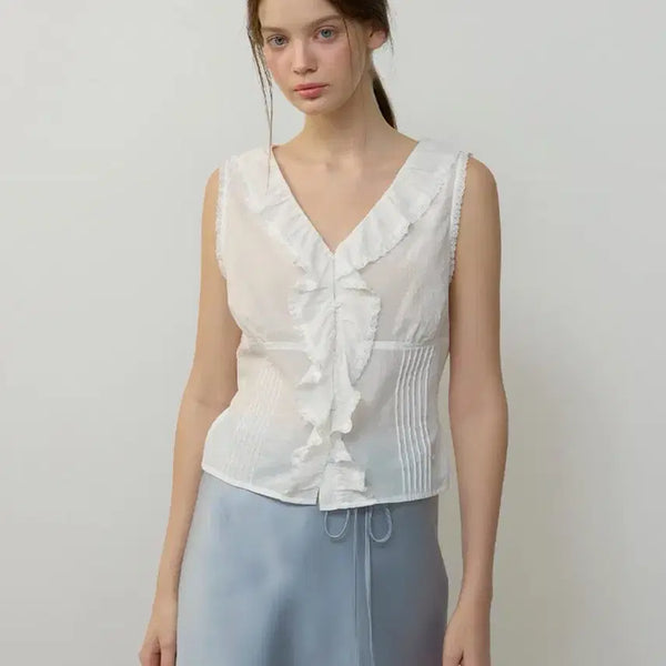 [BUNJANG] Citybreeze Frill V-Neck Sleeveless Blouse White / 시티브리즈 프릴 브이넥 슬리브리스 블라우스 화이트