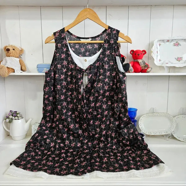 [BUNJANG] Sepradical Floral Layered Cotton Dress (Black Flower, L) / 플라워 레이어드 코튼 원피스 블랙플라워