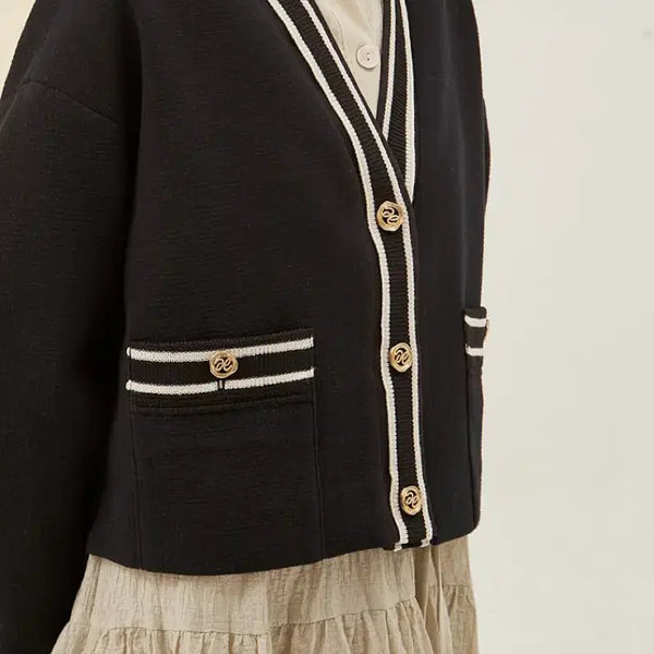 [BUNJANG] SJSJ Collarless Black Jacket Cardigan / 22년 한섬 SJSJ 노카라 브이넥 컬러라인배색 자켓 가디건 칼라리스블랙