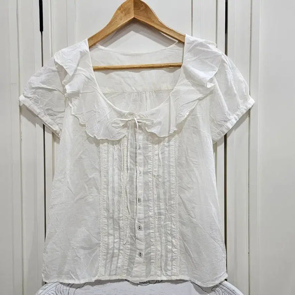[BUNJANG] White Big Frill Ribbon Cotton Blouse (M) / 화이트 빅프릴 리본 코튼 블라우스