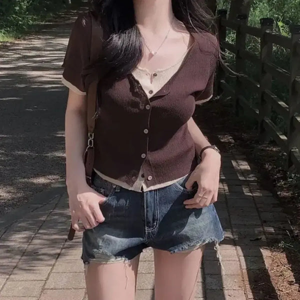 [BUNJANG] ONYOURLEE Viscose Knit Cardigan & Baron Vintage Denim Shorts / 온유어리 비스코스 니트 가디건,  바론 빈티지 데님 숏팬츠