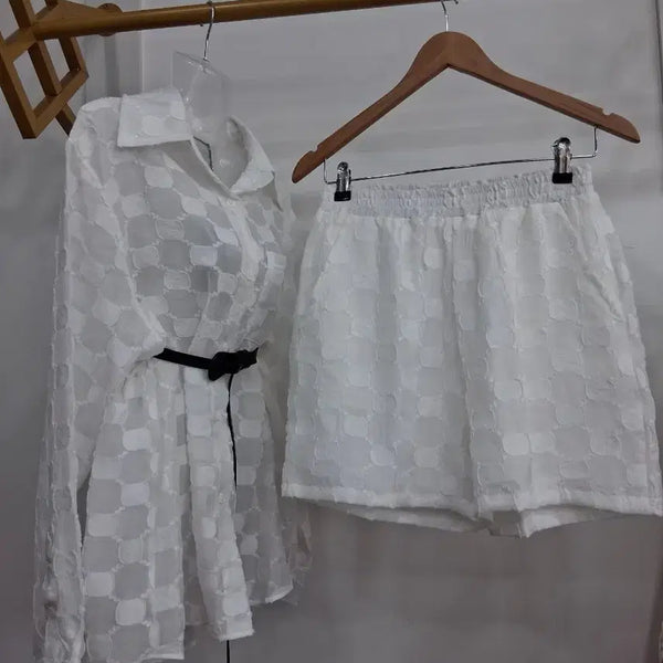 [BUNJANG] Silk Pattern Shirt and Shorts Set with Optional Belt / 실크 무늬 셔츠 반바지 세트 허리벨트별도