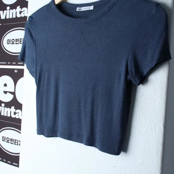 [BUNJANG] ZARA Cropped T-Shirt - Blue / W(L) 자라 반팔 티셔츠 크롭 무지 블루-H34594