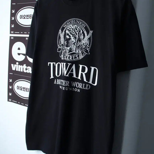 [BUNJANG] Wave Union Oversized Graphic T-Shirt Black / (L-2XL) 웨이브유니온 반팔 티셔츠 빅프린팅 블랙 올드스쿨-H3460