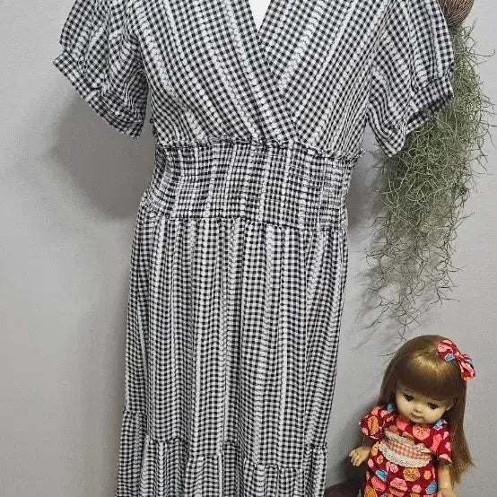[BUNJANG] Checkered Shirring Long Dress / 체크무늬 셔링 원피스