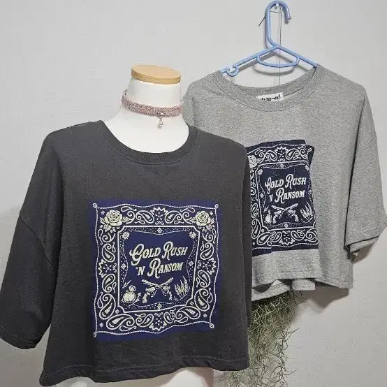 [BUNJANG] Goldrush Ransom Half Sleeve Crop T-Shirt (Black/Gray) / 골드러쉬앤랜섬 반팔 크롭티 블랙/그레이