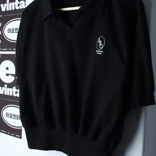 [BUNJANG] Awesome Studio V-Neck Cropped Black T-Shirt / W(F) 어썸 스튜디오 반팔 카라 티셔츠 브이넥 크롭 블랙-H34666