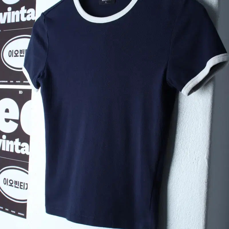 [BUNJANG] Musinsa Standard Ringer Half Sleeve T-Shirt Navy H34762 / W(S-M) 무신사 스탠다드 반팔 티셔츠 링거 네이비 키치-H34762