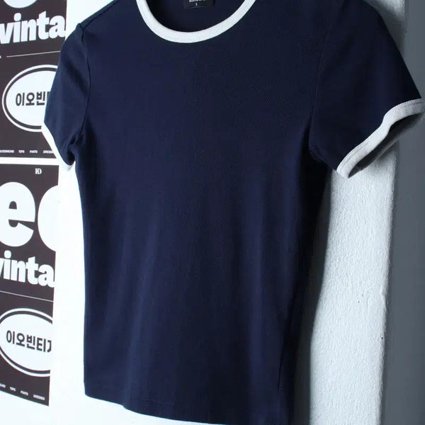 [BUNJANG] Musinsa Standard Ringer Half Sleeve T-Shirt Navy H34762 / W(S-M) 무신사 스탠다드 반팔 티셔츠 링거 네이비 키치-H34762