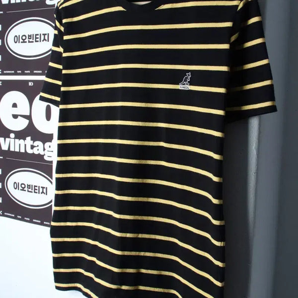 [BUNJANG] Kangol Striped Short Sleeve T-Shirt Black / (M-L) 캉골 반팔 티셔츠 스트라이프 블랙 벌꿀 올드스쿨-H34765