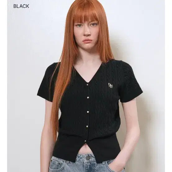[BUNJANG] General Idea Black Short Sleeve Cable Knit Sweater / 제너럴아이디어 블랙 반팔 케이블 니트