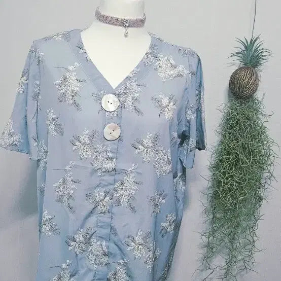 [BUNJANG] Sky Blue Floral Short Sleeve Blouse Bundle Set / 하늘색 꽃무늬 반팔 블라우스 일괄