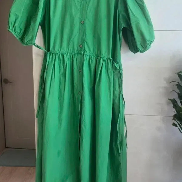 [BUNJANG] Green V-Neck Puff Sleeve Long Dress (Size 55-66) / 초록색 브이넥 퍼프소매 롱 원피스 55~66반사이즈
